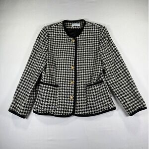 Alfred Dunner Vintage Wool Houndstooth Blazer Black White Gold Button Jacket 8